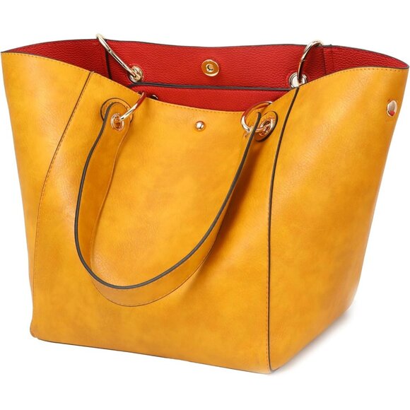 ⚡ Women's Yellow Large Leather Big Bucket Crossbody Travel Tote Bag - Picture 6 of 6